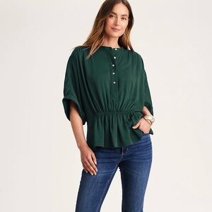 J Jill XL Petite Soft Luxe Dolman Batwing Sleeve Cinch Waist Blouse Modal Green